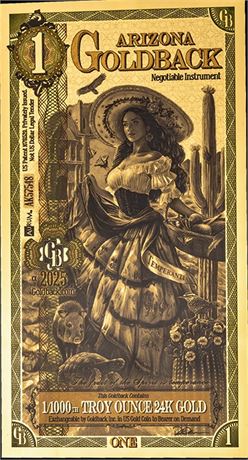 Arizona 1 Goldbacks .999 Fine Gold Polymer Note