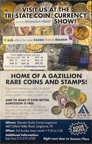 Tri-State Coin, Stamp and Paper Money Show AUGUST 16th, 2026