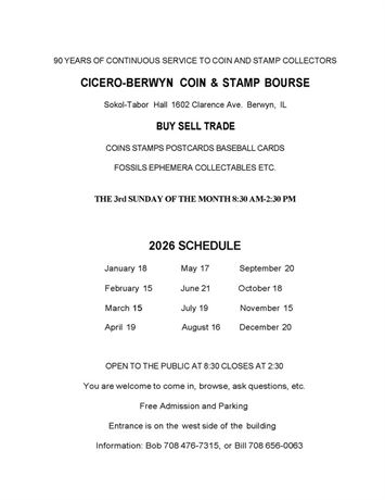 CICERO-BERWYN COIN & STAMP BOURSE - Berwyn, IL-August 16, 2026