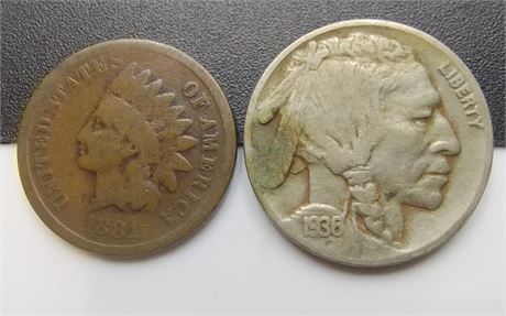 1887 Indian Head Cent & 1936 S Buffalo Nickel – Two-Coin U.S. Type Lot